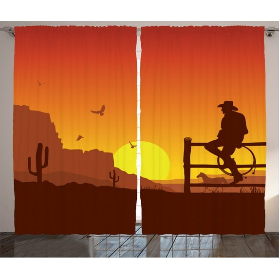 Ambesonne American Curtains 2 Panel Set, Wild West Sunset Scene, 108" x 90", Burnt Orange