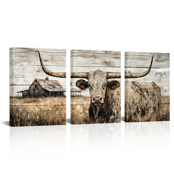Western Decor Farmhouse Wall Decor Highland Cow Wall Art Rustic Painting Poster for Men's Bedroom Office Canvas Printed Poster Home Decoration Artwork 12x16inchx3panels(Framed)