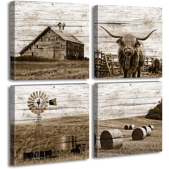 Western Decor Farmhouse Wall Decor Highland Cow Wall Art Rustic Painting Poster for Men''s Bedroom Office Canvas Printed Poster Home Decoration Artwork 12" Wx12 Hx4