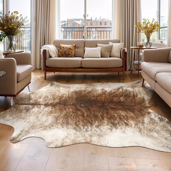 Western Decor Faux Fur Cowhide Rug, 4.6 x 5.2 Feet Premium Animal Skin Cow Hide Rug, Sturdy Cow Print Rugs for Wall Decor, Western Floor Carpet for Bedroom Living Room, Brownish