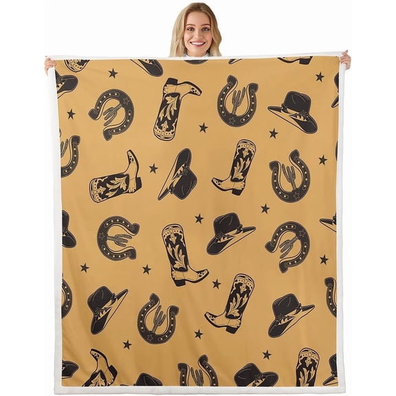 Western Decor Fleece Throw Blanket Cowboy Hats Boots Blanket for Kids Boys Girls Brown Black Plush Blanket Star Print for Sofa Bed Couch,Baby Inches 30" x 40"