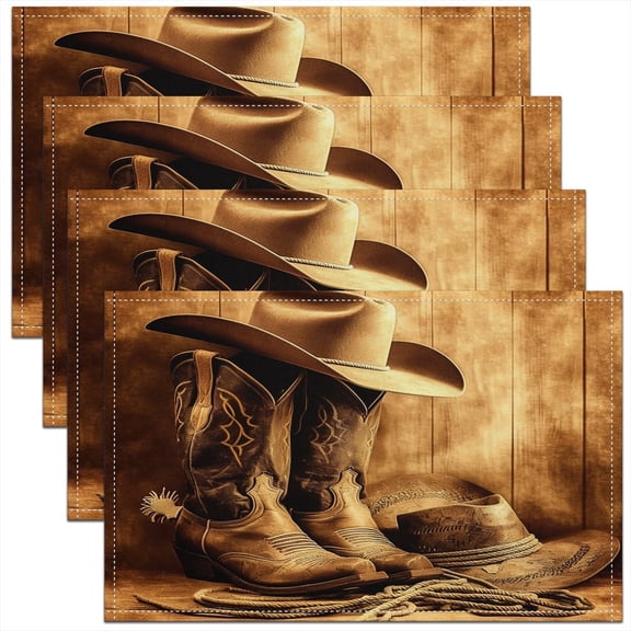 Western Decor Placemats 18"x12" Set of 4 Wild Western Cowboy Placemat for Kitchen Dining Table Decor Rodeo Cowboy Style Table Place Mats Grunge Design Decor Table Place Mats Deep Brown