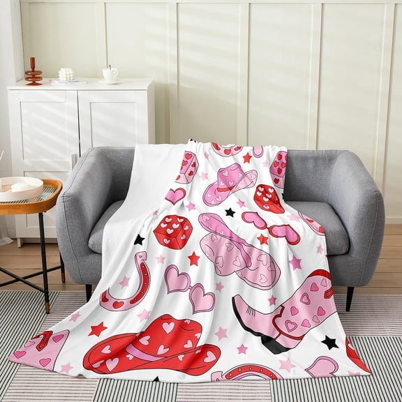 Western Decor Plush Throw Blanket, Baby Western-Style hat Flannel Fleece BlanketHeart All Season,Bed Blanket Western Boots Blanket White Pink 30" x 40"