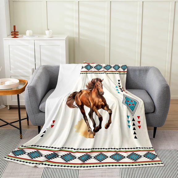 Western Decor Plush Throw Blanket, Queen Horses Flannel Fleece Blanket Southwestern Native All Season,Bed Blanket Farmhouse Wildlife Blanket Beige White 30" x 40"