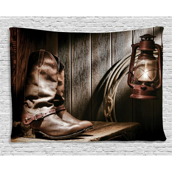 Western Decor Tapestry, Dallas Cowboys and Lantern on a Bench in Vintage Ranch Nostalgic Folkloric Print, Wall Hanging for Bedroom Living Room Dorm Decor, 60W X 40L Inches, Brown, by Ambesonne