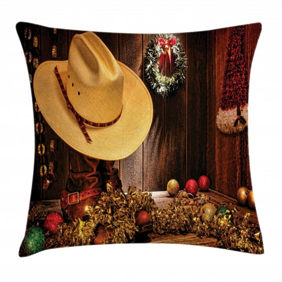 Western Decor Throw Pillow Cushion Cover, Farmhouse with Christmas Decorations with Wreath Americana Style Image Print, Decorative Square Accent Pillow Case, 24 X 24 Inches, Cream Brown, by Ambesonne