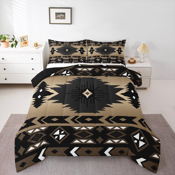 Western Decor,Vintage Exotic Indian Geometry Bedding Set Boho Western Comforter Set Queen,Ethnic Tribal Arrow Quilt Aztec Duvet Insert,Western Home Decor Farmhouse Decor,Black Brown