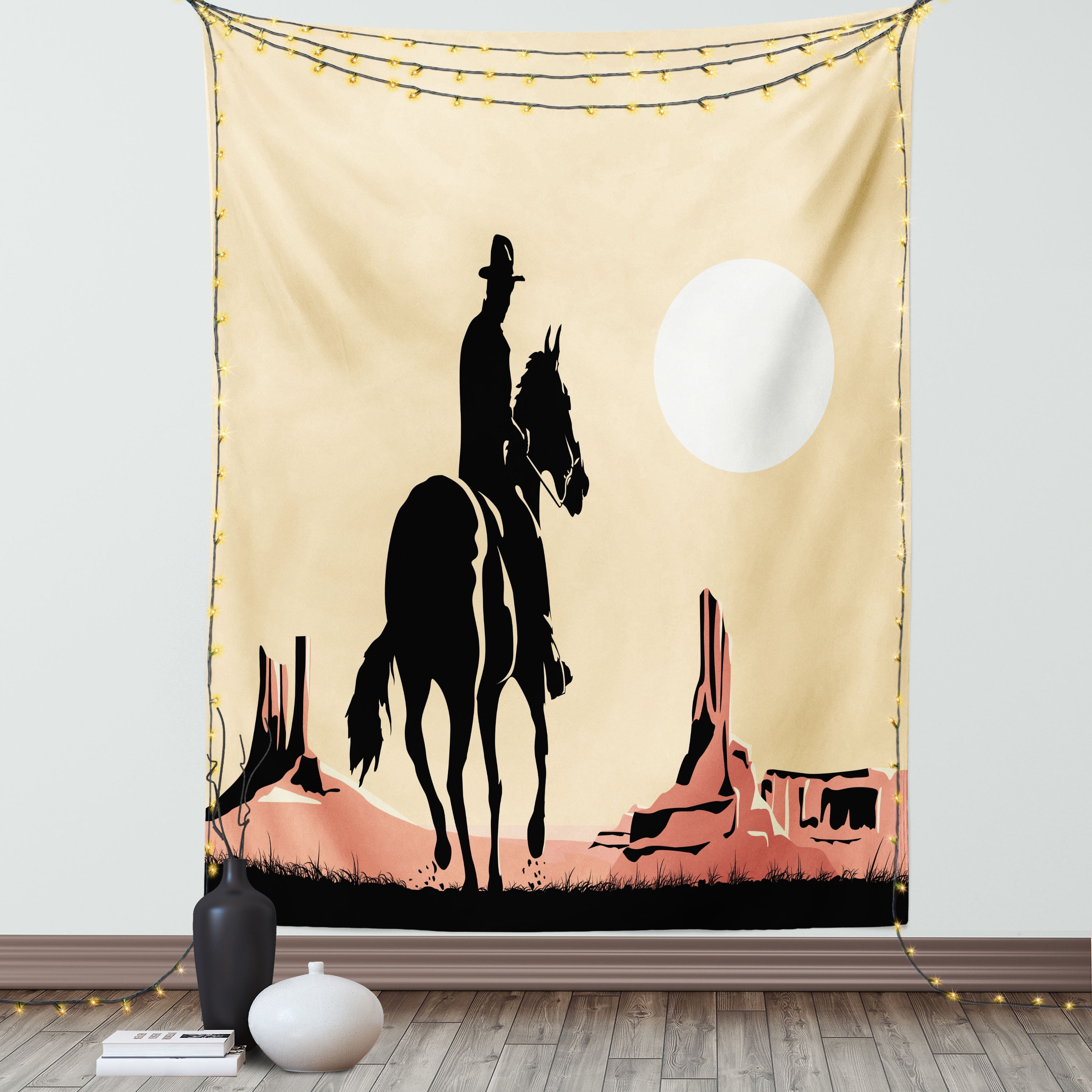 Western Decor Wall Hanging Tapestry, Illustration Art of Cowboy Riding