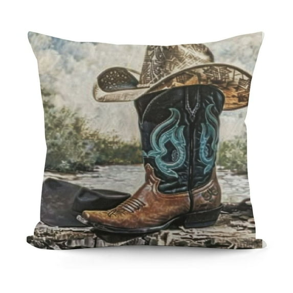 Western Decorative Throw Pillow Case, Rodeo Cowboy Hat and Cowgirl Boots Background Art Photo, Couch Bedroom Living Room Cushion Cover,Brown Black
