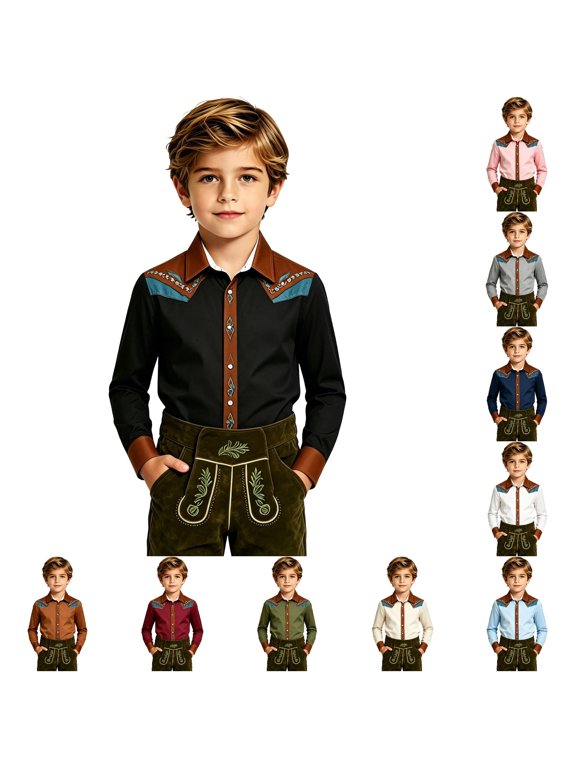 Western Denim Print Graphic Long Sleeve Shirt For Boys Cowboy Style Kids Casual Top Outdoor Playwear Adventure Tee