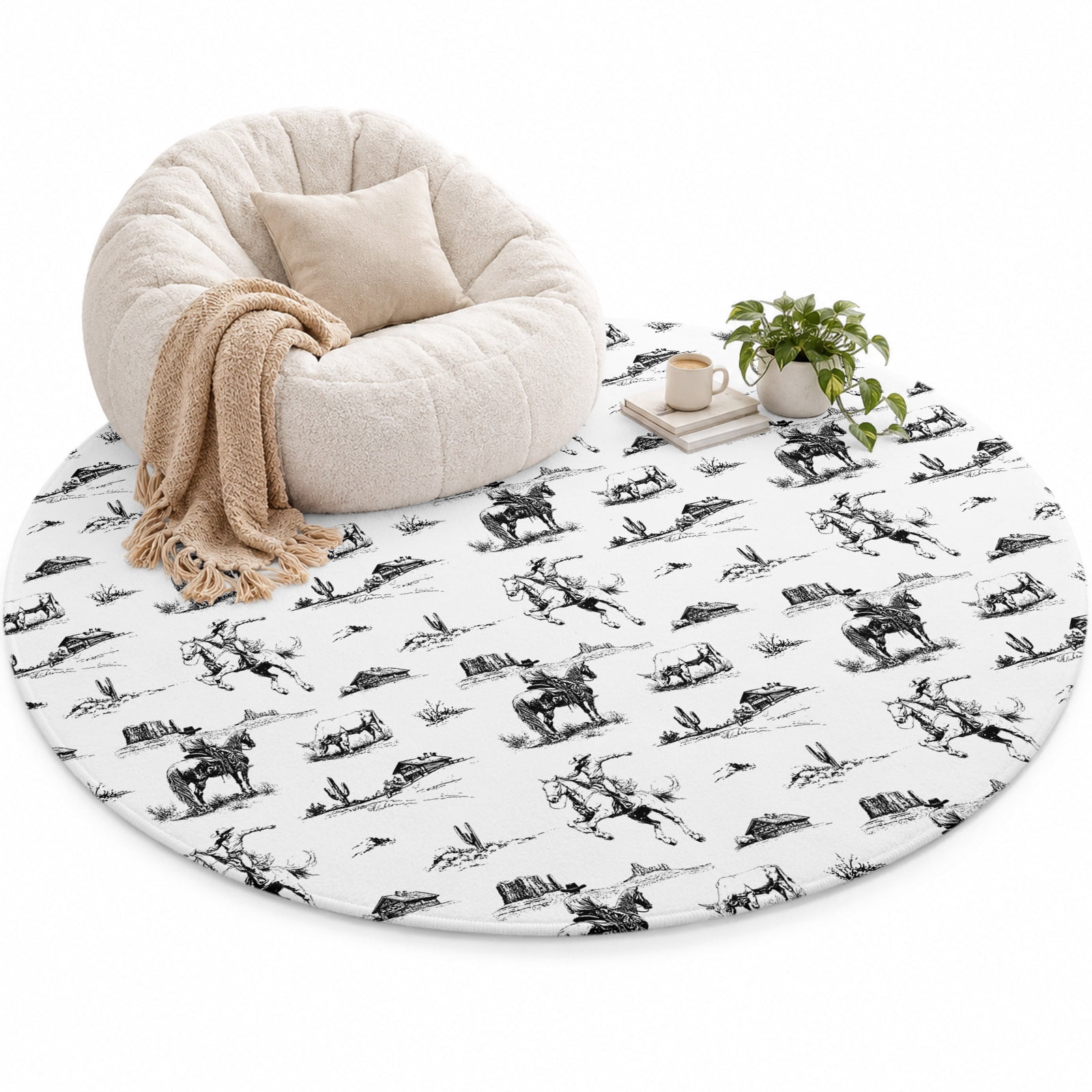 Western Desert Area Rug 5', Retro Black Cowboy Horse Soft Mat Non-Slip ...