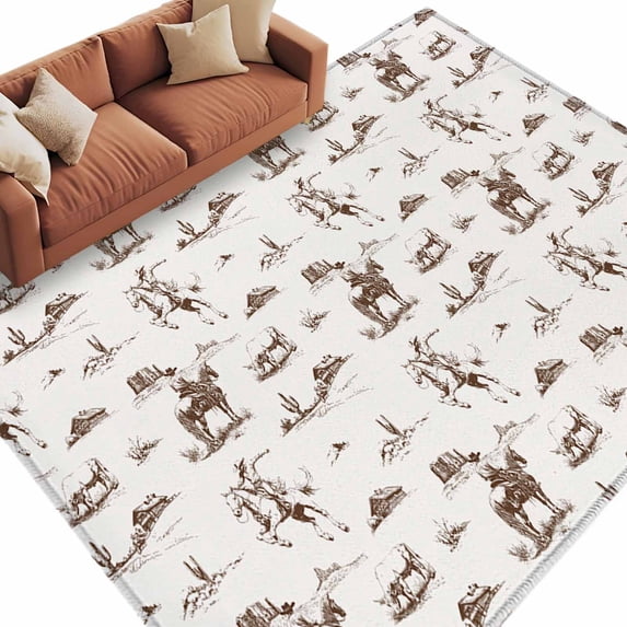 Western Desert Area Rug 5x8ft Retro Brown Cowboy Ethnic Horse Non-Slip Washable Square Rugs Soft Felt Indoor Floor Mat for Bedroom Kitchen Living Room Bathroom