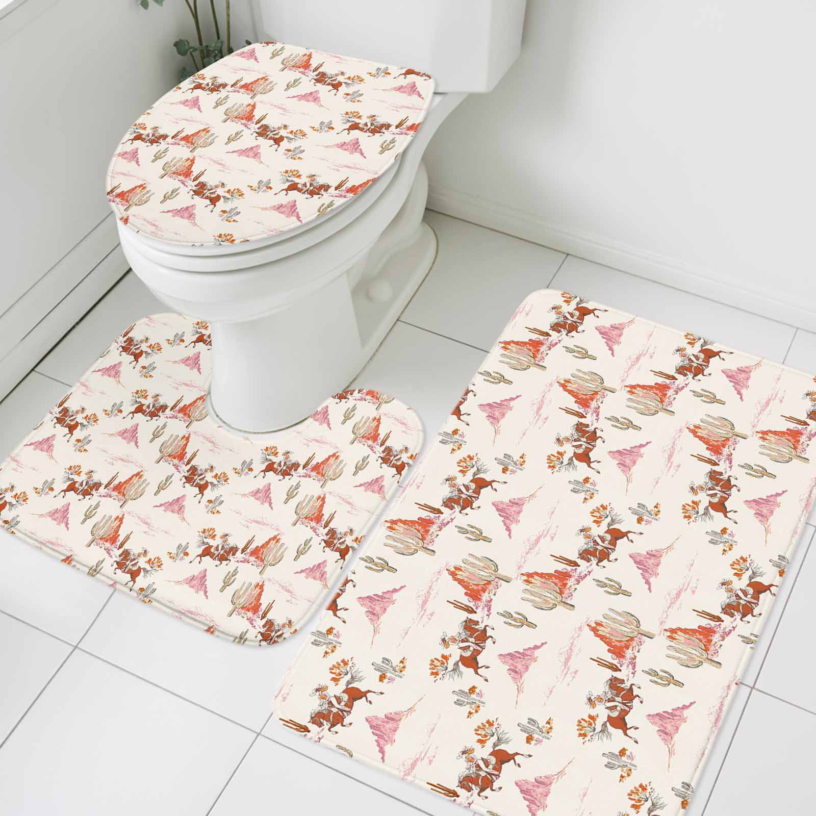 Western Commode Rug Western Desert Bathroom Rugs Set Retro Cowboy Cactus Horse Ethnic Non ...