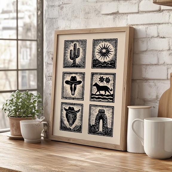 Western Desert Block Style Boho Cowboy Country Southwestern Minimalist Rustic Home Decor, Unframed Poster