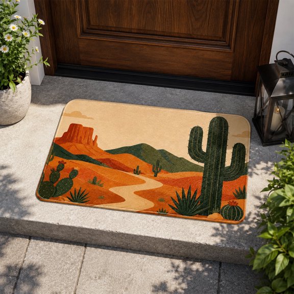 Western Desert Cactus Doormat, Soft Plush Flannel Non-Slip Floor Mat, Desert Landscape Entryway Rug, Indoor Flannel Mat for Living Room Bedroom Studio Home Decor, 3 Sizes Available