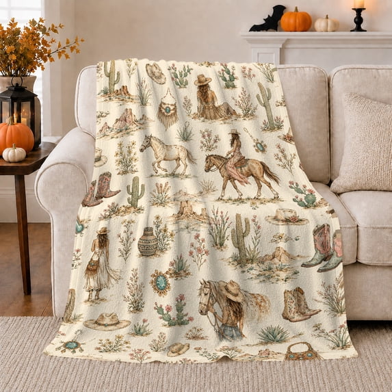 Western Desert Horseback Riding decorative motif Print, Rustic Farmhouse Horse Scene, Warm Flannel Blanket for Ranch House and Living Room, Horse Lovers Thanksgiving Gift, Rustic Home Decor