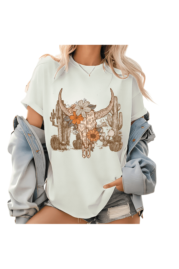 Western Desert Longhorn Print T Shirt Bull Skull Vintage Style Graphic Tees Cowgirl Rodeo Pattern Casual Short Sleeve Classic Tops trendy and popular round-neck design is retro White,3XL