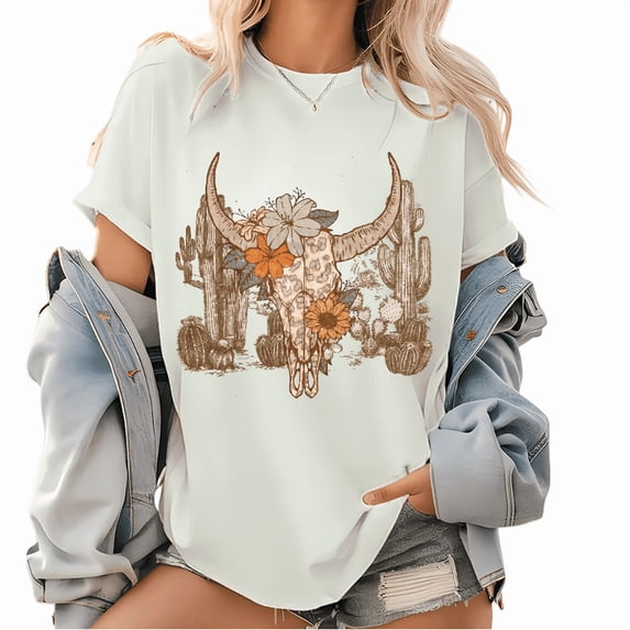 Western Desert Longhorn Print T Shirt Bull Skull Vintage Style Graphic Tees Cowgirl Rodeo Pattern Casual Short Sleeve Tops White,2XL