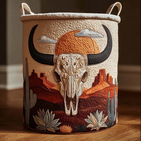 Western Desert Quilted Laundry Basket, Southwestern Cactus Hamper, Rustic Ranch Storage Bin