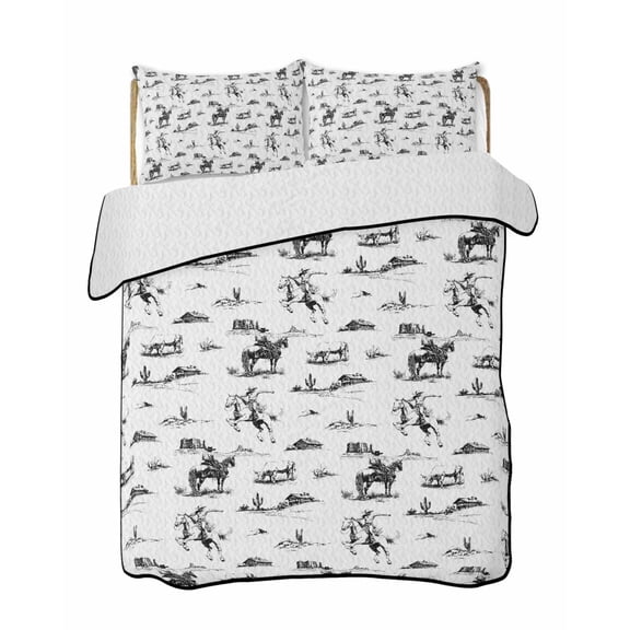 Western Desert Quilts Bedding Set Queen Size Retro Black Cowboy Ethnic Horse Lightweight Quilted Bedspread 3 Piece Bed Quilt with 2 Pillow Shams All Season for Bedroom 78" x 90"