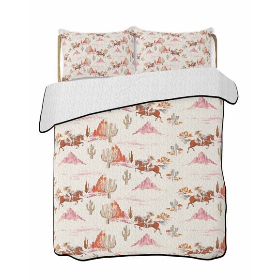Western Desert Quilts Bedding Set Twin Size Retro Cowboy Cactus Horse Ethnic Lightweight Quilted Bedspread 3 Piece Bed Quilt with 2 Pillow Shams All Season for Bedroom 68" x 86"