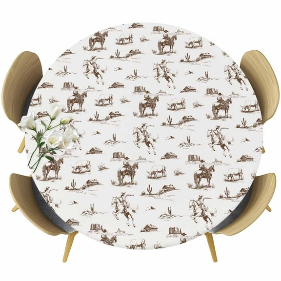 Western Desert Round Fitted Tablecloth with Elastic Edge, Retro Brown Cowboy Ethnic Horse Stretch Table Covers for 45"-54" Tables Wipeable Table Cloth for Outdoor