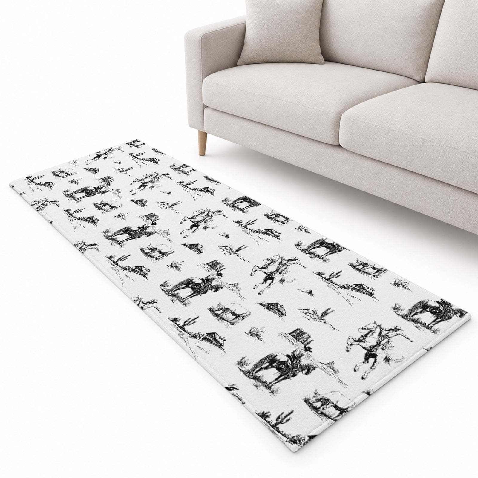 Western Desert Runner Rug 2.6'x10', Retro Black Cowboy Horse Soft Mat ...