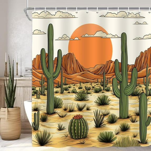 Western Desert Shower Curtain, Sun Southwest Cactus Wild Plant Tropical Bath Curtain, West Polyester Waterproof Bathroom Curtian Accessory Set 12 Hooks 72x72 inch