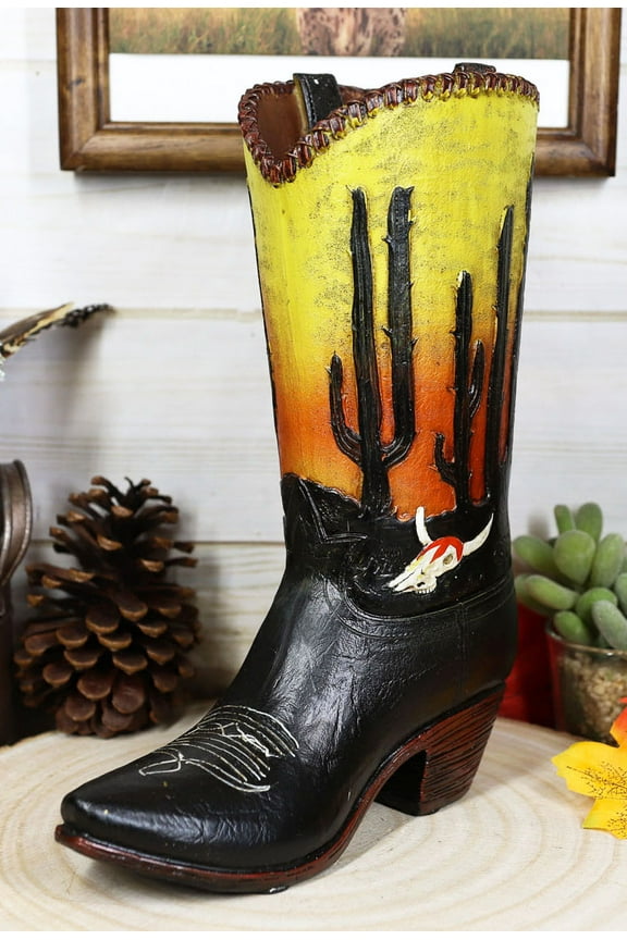 Western Desert Sunrise Dawn Cactus And Cow Skull Cowboy Boot Vase Sculpture