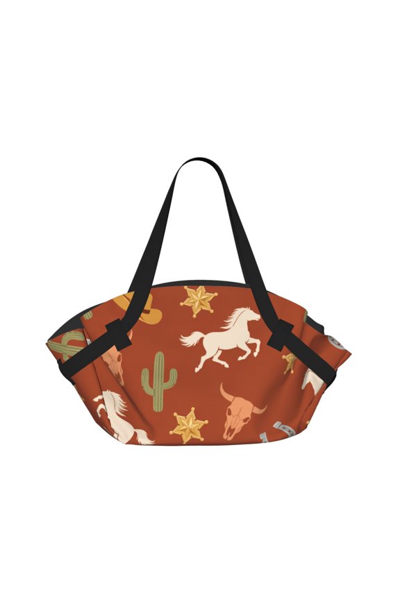 Western Desert Sunset Pattern 2-in-1 Foldable Picnic Blanket Tote Bag Shoulder Handbag, Large Circular Outdoor Mat for Beach Camping Park