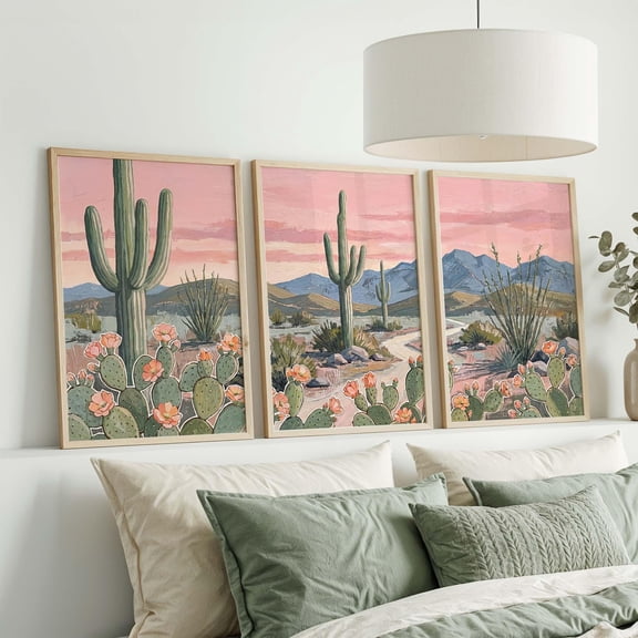Western Desert Wall Art Pink Sunset Cactus Triptych Prints Boho Arizona Saguaro Prickly Pear Decor Set 3