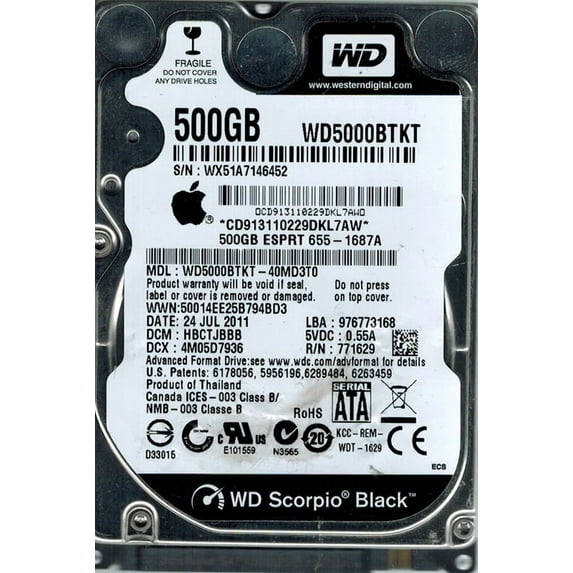 Western Digital WD5000BTKT-40MD3T0 500GB DCM: HBCTJBBB MAC APPLE