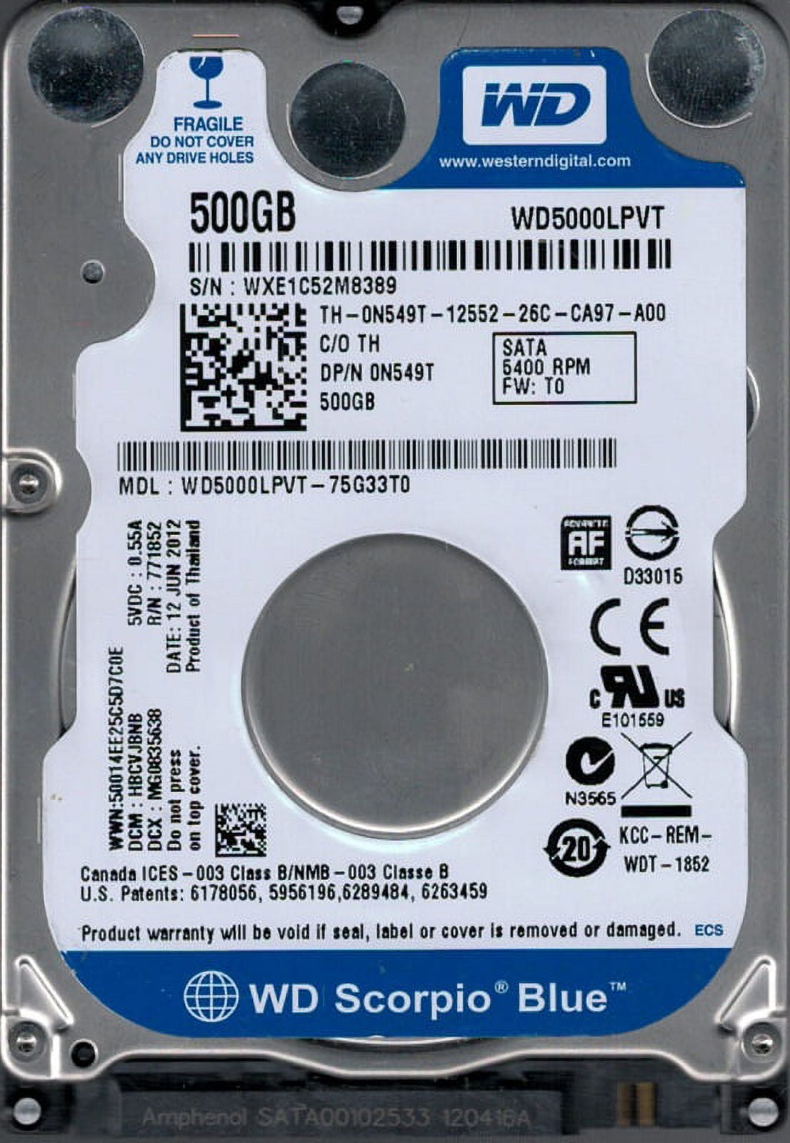 Disque Dur Western Digital WD Blue 500GB 2.5" SATA - Modèle WD5000LPVT, Occasion Fonctionnel
