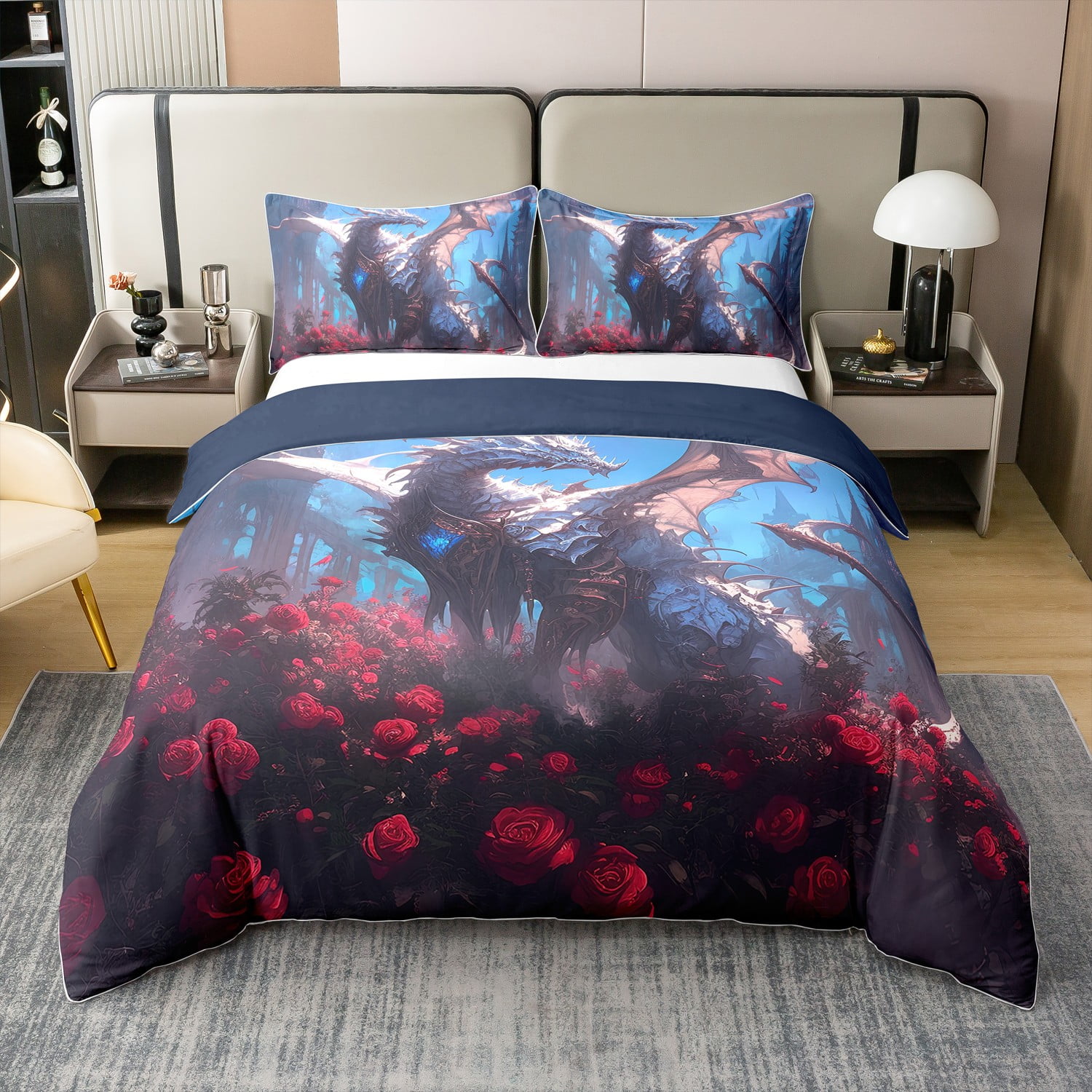 Bohemian Moth & Skull Comforter Set Queen - Black White Gothic Bedding, 3D Print Duvet Cover & Pillowcases - View #4