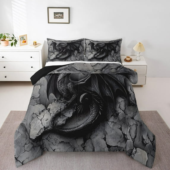 Western Dragon 3 Pcs Queen Size Comforter Set,Mysterious Wildlife Animals Down Alternative Adults Bedroom Decor,Grey Retro Wall Ultra Soft Microfiber Inner Fill 3Pcs Bedding