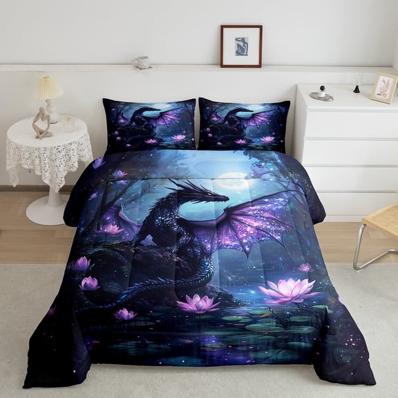 Western Dragon Comforter Set King Size,Lotus Flowers Water Lily Botanical Bedding Set,Men Room Decor,Star Moon Gothic Animals Down Comforter,Purple Romantic Duvet Insert,2 Pillowcases