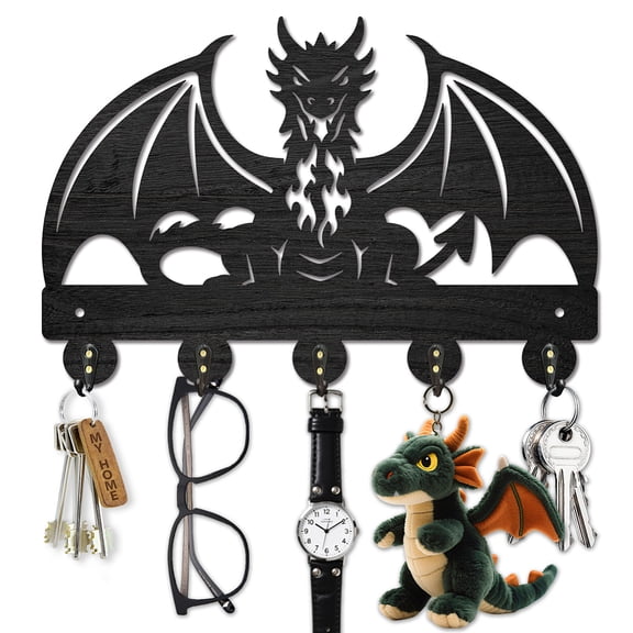 Western Dragon Wooden Key Holder Wild Animal Fire Key Hanger Wall 11.87.9 Inch Decorative Wall Mount Coat Rack with 5 Alloy Hooks