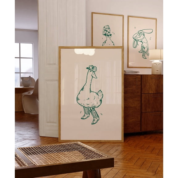 Western Duck In Boots Wall Art Green Cowboy Decor, Unframed Paper Print Size 8x12