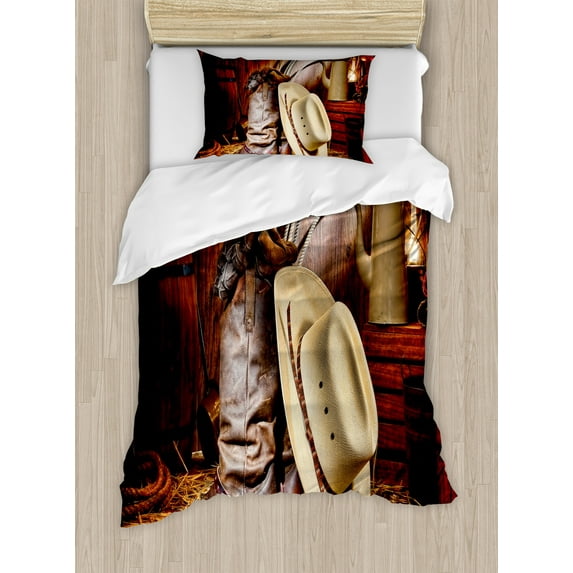 Western Duvet Cover Set, American West Rodeo Elements with Antique Supplies Retro Art Photo, Decorative 2 Piece Bedding Set with 1 Pillow Shams, Twin Size, Brown Beige, by Ambesonne