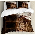 thumbnail image 1 of Western Duvet Cover Set, American West Rodeo Hat Traditional Ranching Robe on Wooden Ground Folk Art Photo, Decorative 3 Piece Bedding Set with 2 Pillow Shams, King Size, Brown Beige, by Ambesonne, 1 of 3