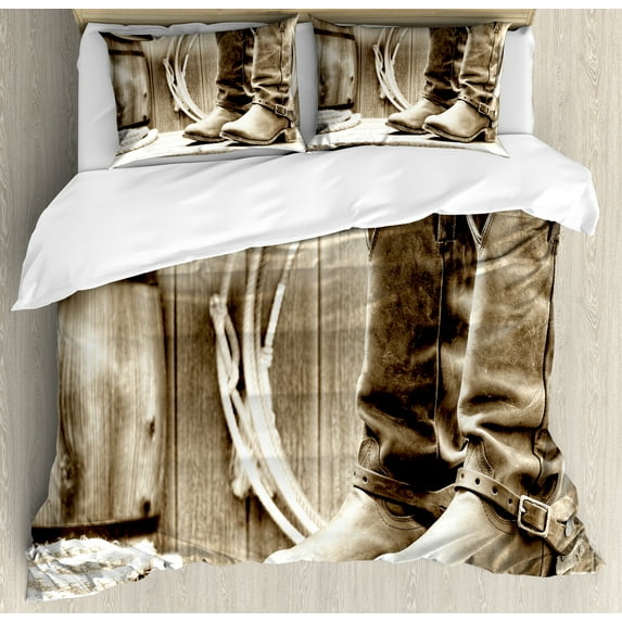 Western Duvet Cover Set, American West Themed Photograph Focused on Boots in Front of Cask Composition, Decorative 3 Piece Bedding Set with 2 Pillow Shams, King Size, Sepia and Beige, by Ambesonne