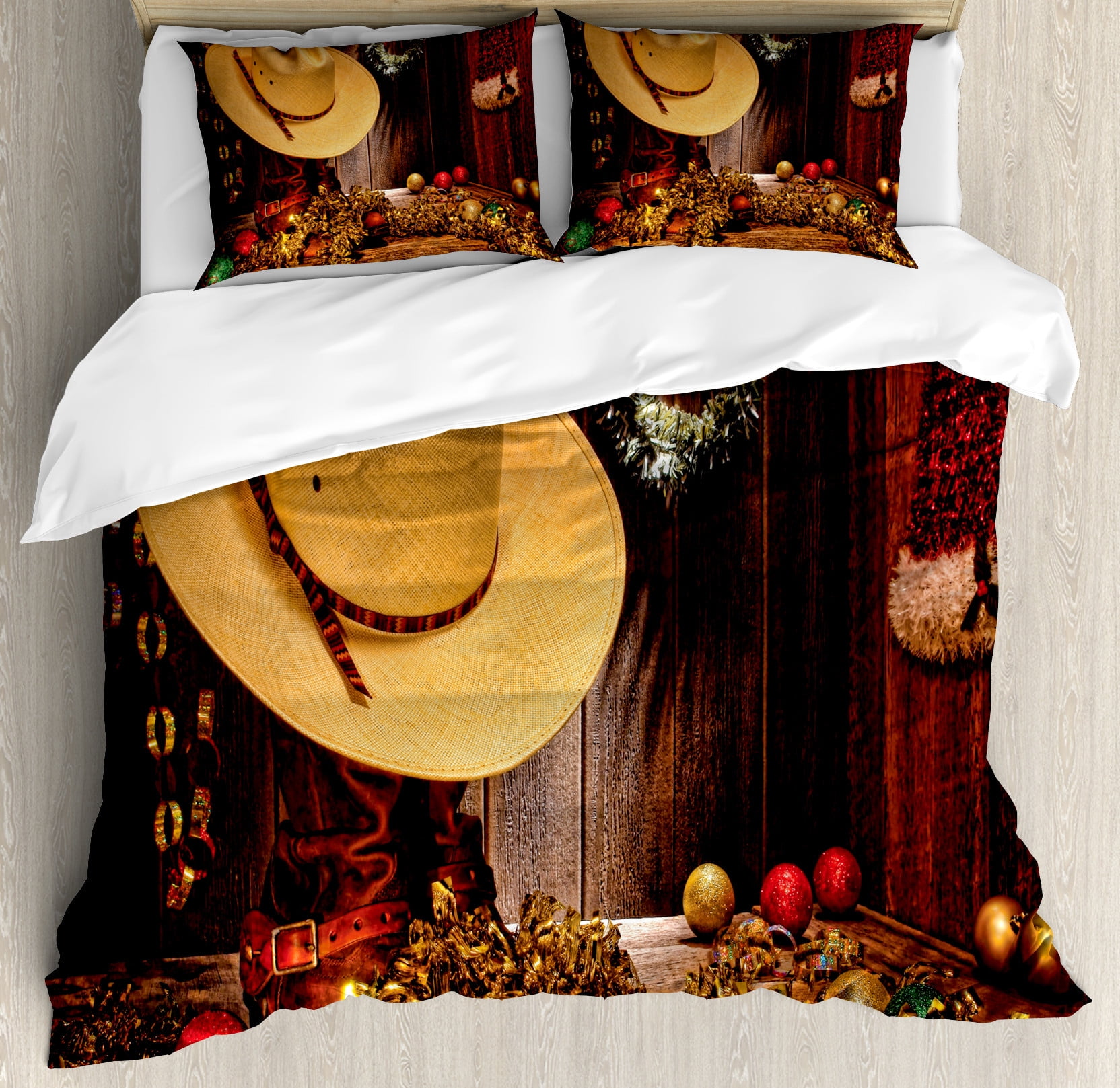 Queen Cream Brown Western Christmas Duvet Cover Set