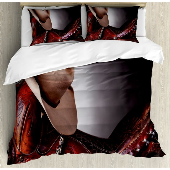 Western Duvet Cover Set, Horse Saddle with a Cowboy Hat Wild Texas Fashion States Men Whip It Photography, Decorative 3 Piece Bedding Set with 2 Pillow Shams, Calking Size, Brown Cream, by Ambesonne