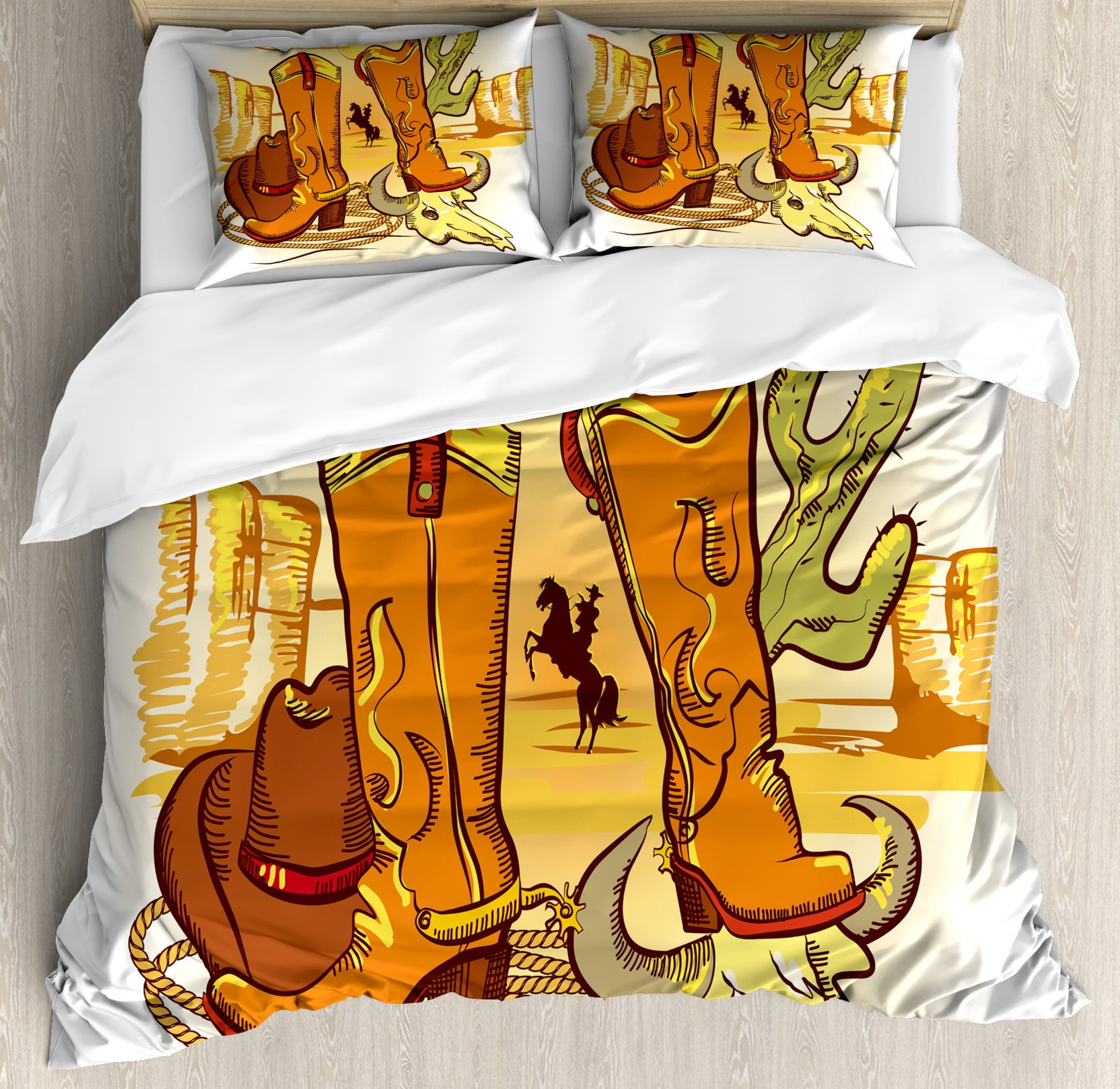 Queen Size Yellow Orange Cowboy Boots Duvet Cover Set