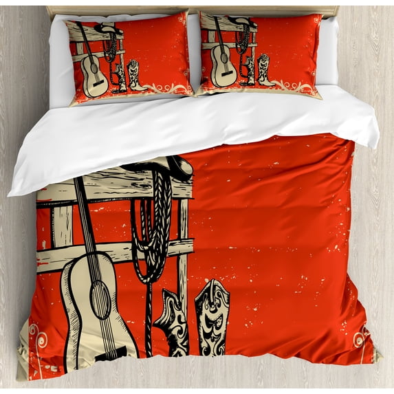 Western Duvet Cover Set, Image of Wild West Elements with Country Music Guitar and Cowboy Boots Retro Art, Decorative 3 Piece Bedding Set with 2 Pillow Shams, King Size, Beige Orange, by Ambesonne