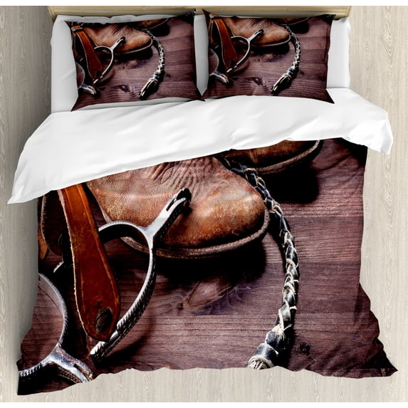 Western Duvet Cover Set, Old Leather Boots and Spurs Rustic Rodeo Equipment USA Style Art Picture Print, Decorative 3 Piece Bedding Set with 2 Pillow Shams, King Size, Brown, by Ambesonne