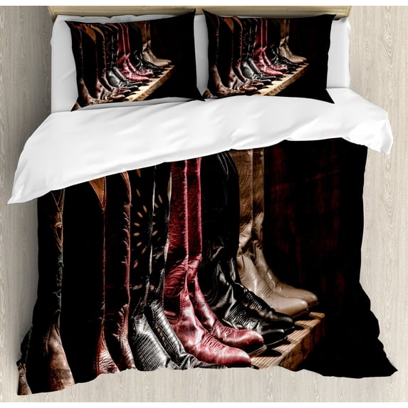 Western Duvet Cover Set, Photograph of Various Type of Rodeo Cowgirl Leather Boots Image Art Western Fashion, Decorative 3 Piece Bedding Set with 2 Pillow Shams, Queen Size, Brown, by Ambesonne