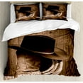 thumbnail image 1 of Western Duvet Cover Set Queen Size, Wild West Themed Cowboy Hat and Old Ranching Rope On Wooden Display Rodeo Cowboy Style, Decorative 3 Piece Bedding Set with 2 Pillow Shams, Brown, by Ambesonne, 1 of 3