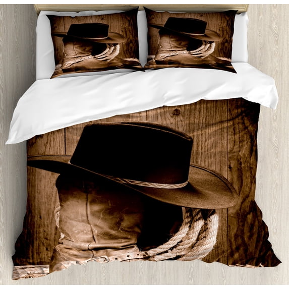 Western Duvet Cover Set Queen Size, Wild West Themed Cowboy Hat and Old Ranching Rope On Wooden Display Rodeo Cowboy Style, Decorative 3 Piece Bedding Set with 2 Pillow Shams, Brown, by Ambesonne