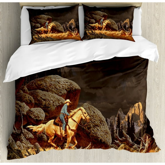 Western Duvet Cover Set, Rock Mountain Landscape Cowboy Riding Horse NorthmericStyle, Decorative 3 Piece Bedding Set with 2 Pillow Shams, Calking Size, Earth Yellow Grey, by Ambesonne
